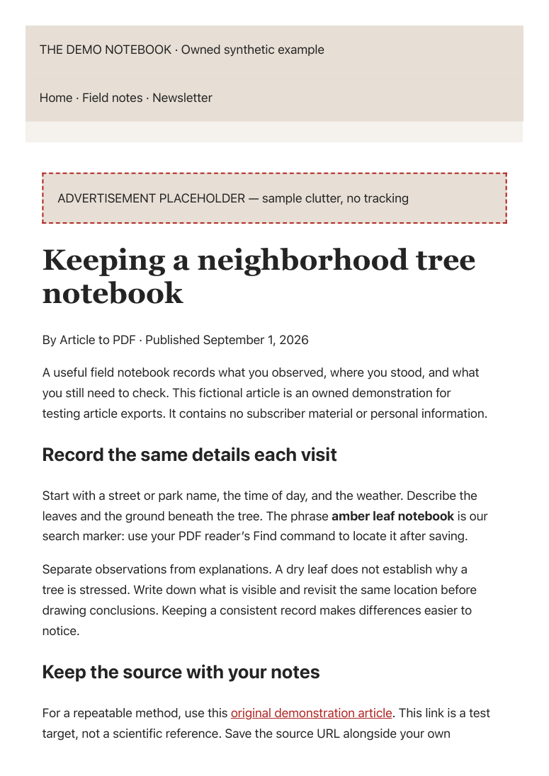 Browser print output page one, retaining the page masthead, navigation and advertisement placeholder