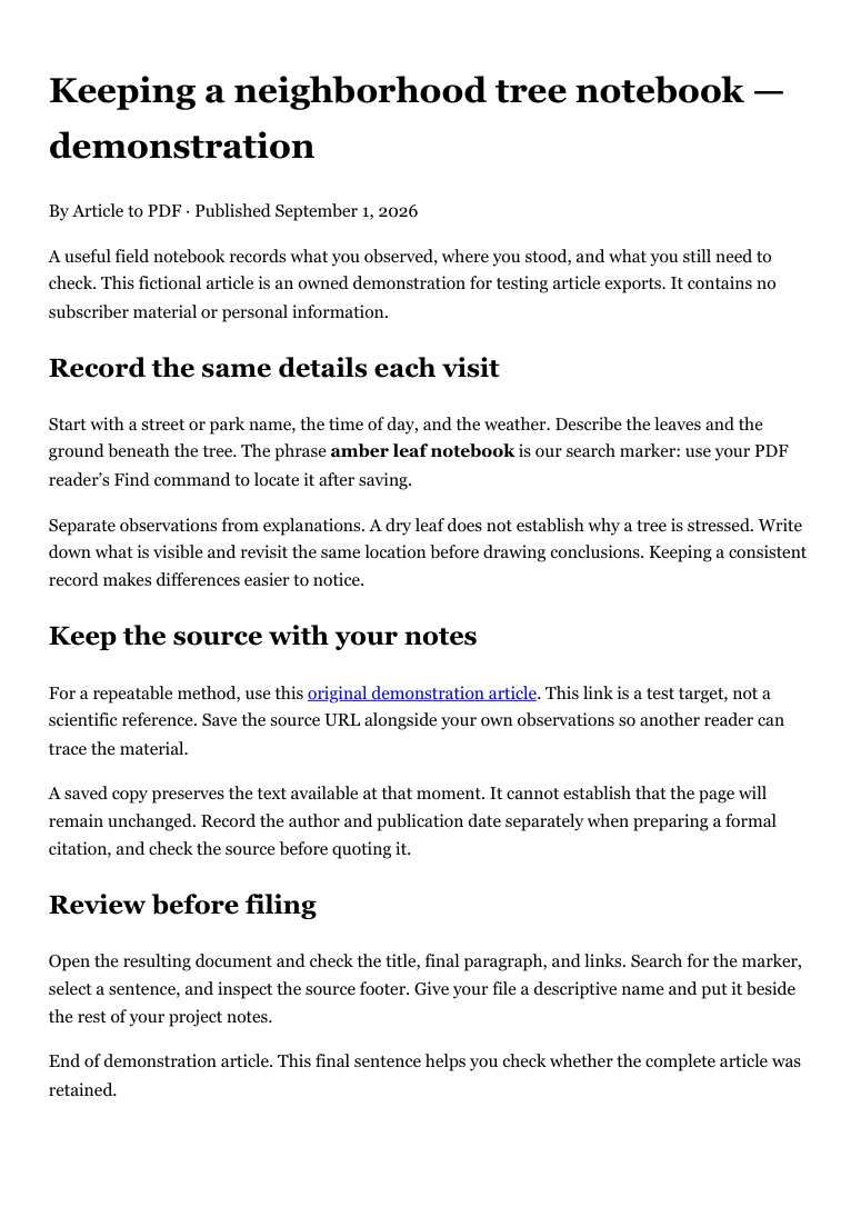 Article to PDF output: one page of article text without the sample advertisement or navigation