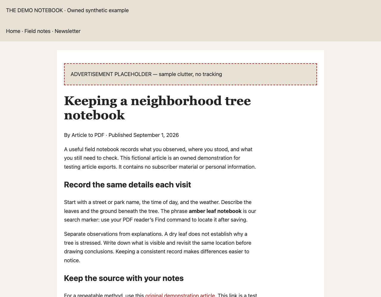 Original synthetic article with navigation and an advertisement placeholder above the text