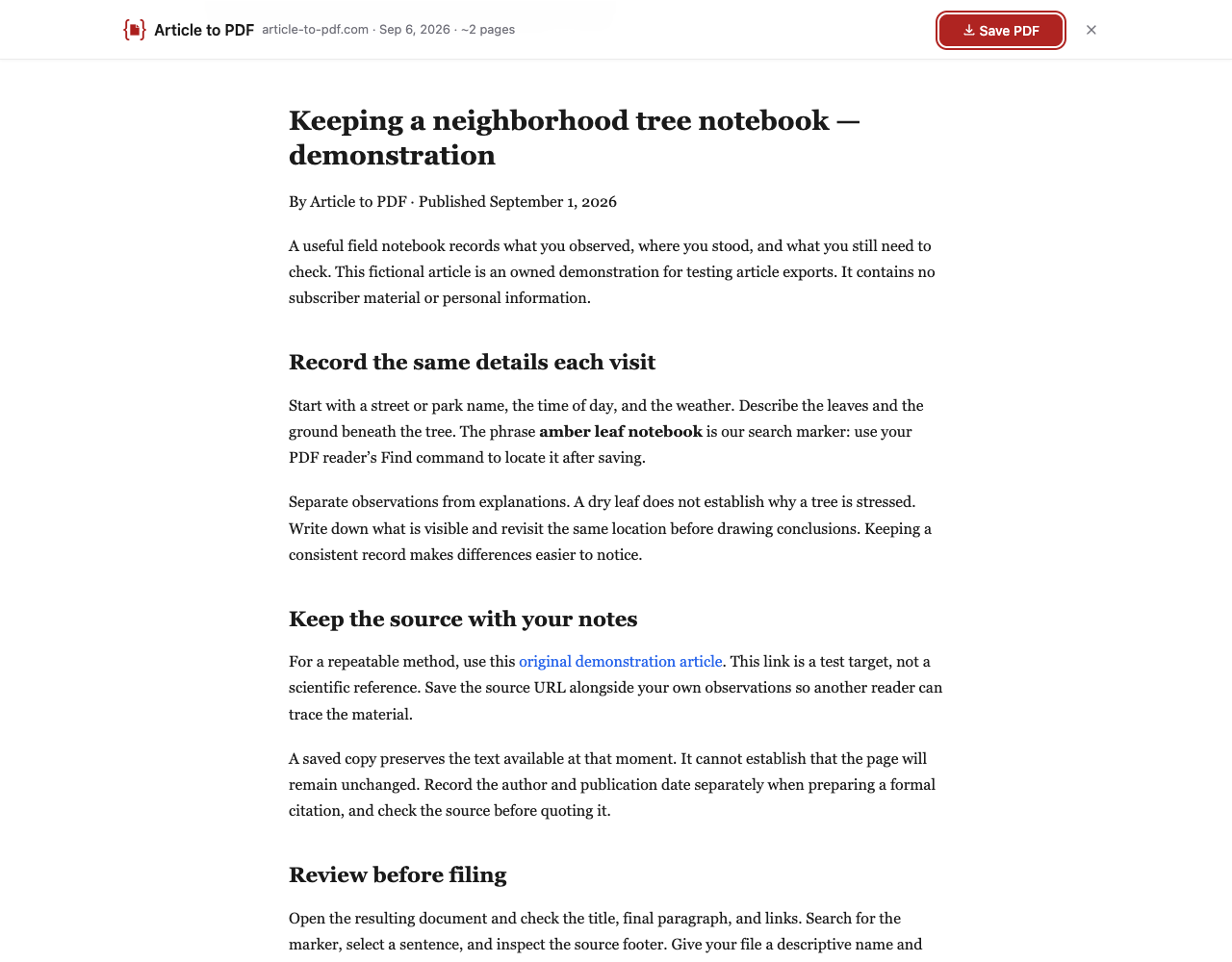 Real Article to PDF preview of Keeping a neighborhood tree notebook, with Save PDF in the toolbar