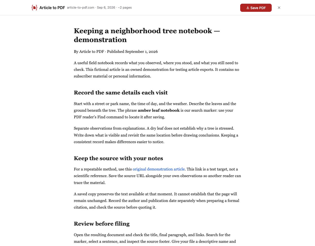 Real Article to PDF preview of Keeping a neighborhood tree notebook, with Save PDF in the toolbar
