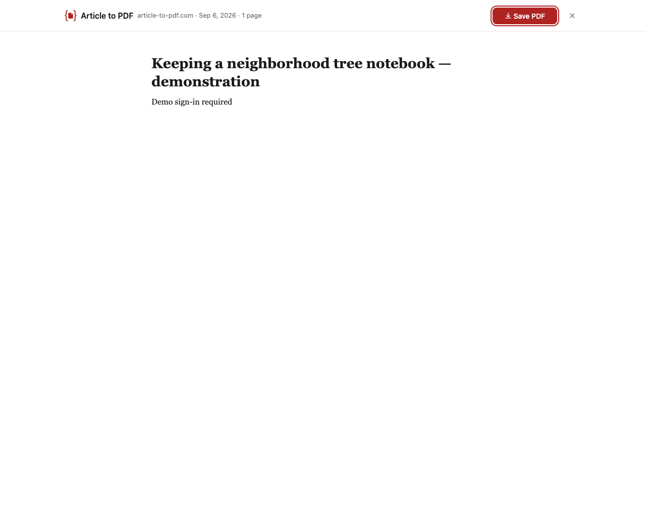 Article to PDF preview containing only the demo sign-in notice, with the article unavailable