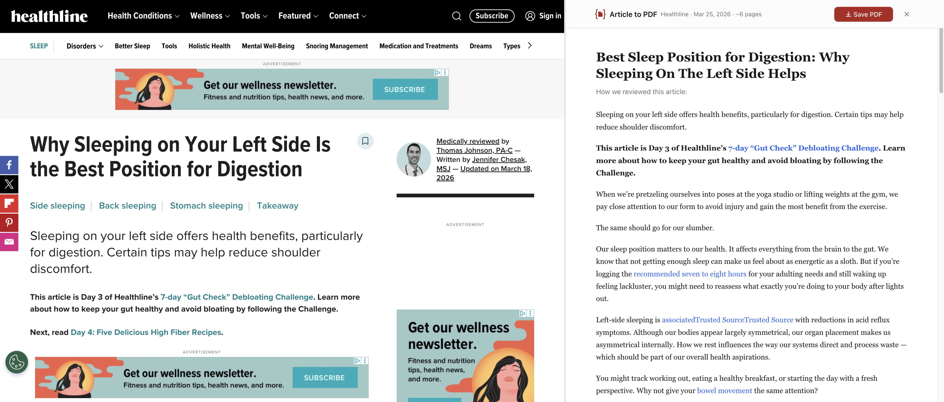 Before and after comparison: a cluttered Healthline article with ads and navigation transforms into a clean, readable PDF with just the article content